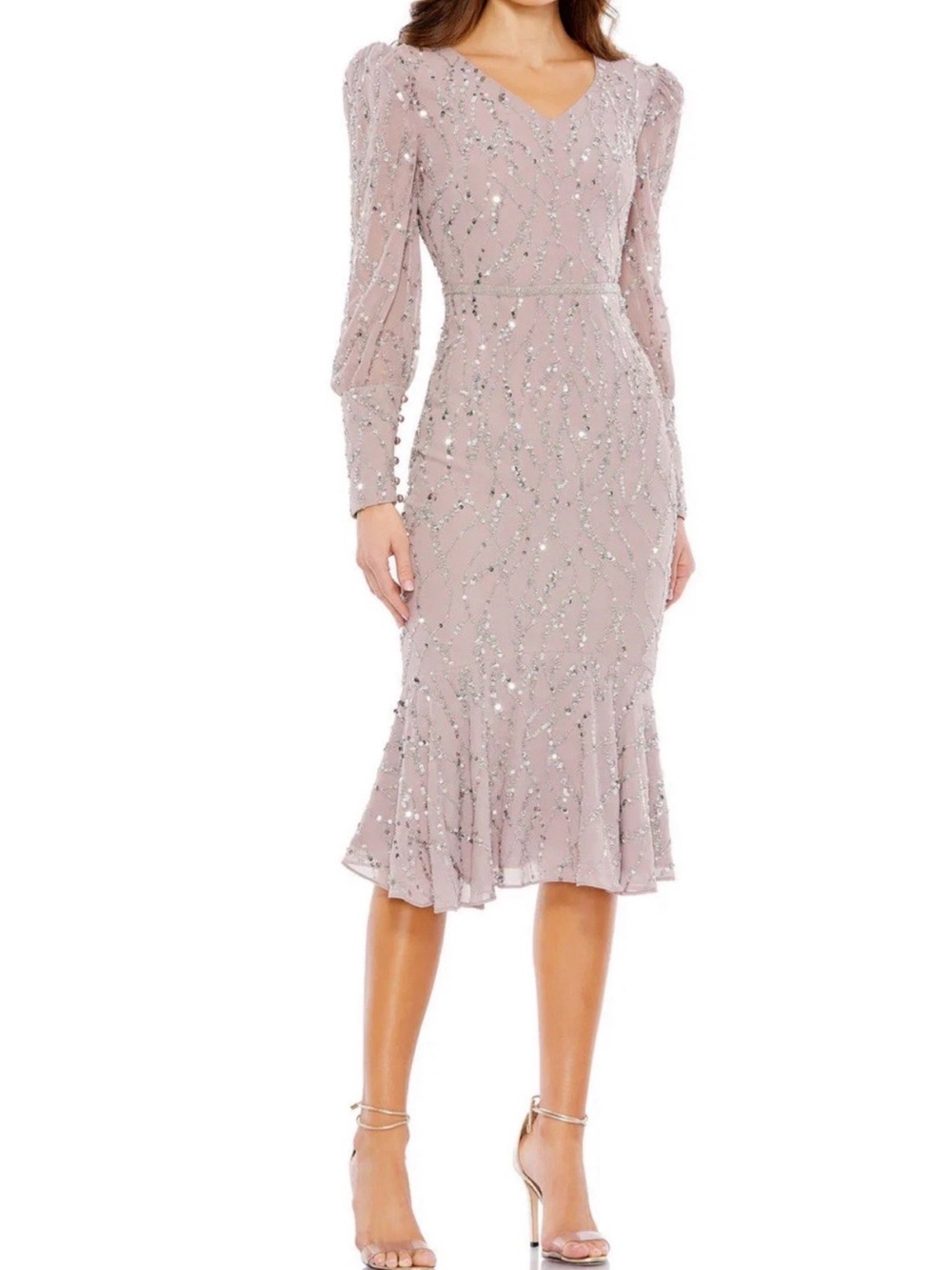 Mac Duggal  Purple Sequin V -Neck  Illusion Long Sleeve Dress Size 6 New